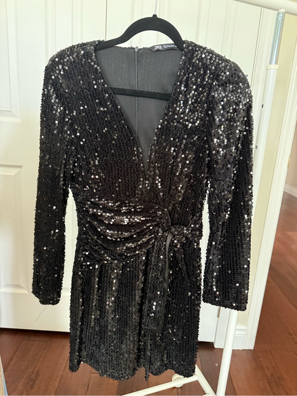 Zara Black Sequin Wrap Dress with Long Sleeves